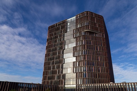 Copenhagen, Denmark - February 12, 2019: Facade of the Maersk Tower, a research facility and an...