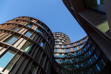 Copenhagen, Denmark - February 27, 2019: Exterior view of the modern Axel Towers designed by architects Lundgaard and Tranberg.のeditorial素材