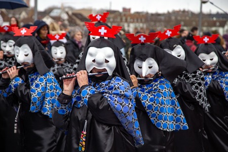 Basel, Switzerland - March 11, 2019: Participants at the parade of the Carnival of Basel 2019. The Carnival of Basel is the biggest carnival in Switzerland.のeditorial素材