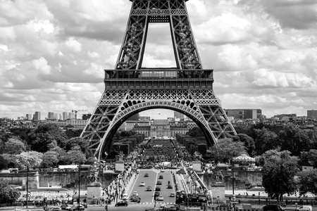 Paris, France - May 12, 2017: View of the famous Eiffel Tower in black and white.のeditorial素材