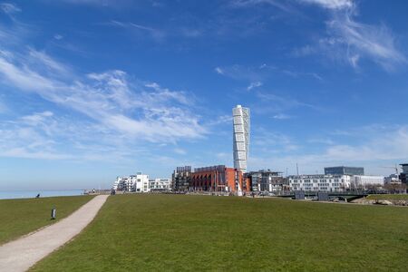 Malmo, Sweden - April 20, 2019: Malmo skyline with the modern residential skyscraper Turning Torso...