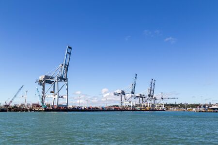 Auckland, New Zealand - April 19, 2015: View of gantry cranes at the container terminal.のeditorial素材