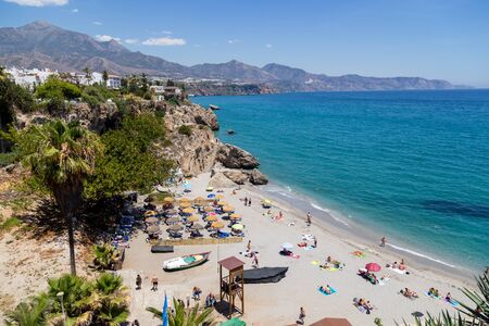Nerja, Spain - May 28, 2019: View of Mediterranean Sea and Calahonda Beach from viewpoint of Europes Balcony.のeditorial素材