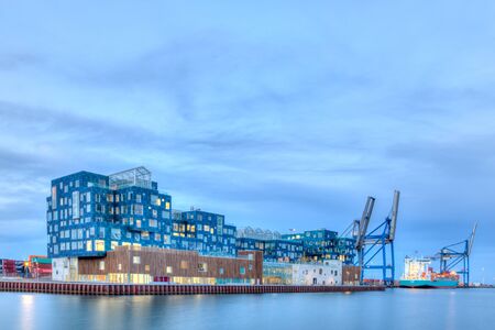 Copenhagen, Denmark - March12, 2017: Exterior view of Copenhagen International School CIS in Nordhavn district in the eveningのeditorial素材