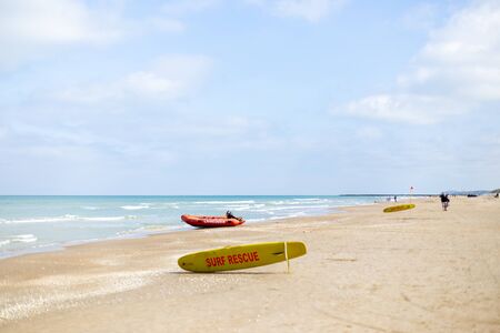Lokken, Denmark - July 18, 2019: A lifeguard rubber boat at the sand beach in Lokken in Northern Jutland.のeditorial素材