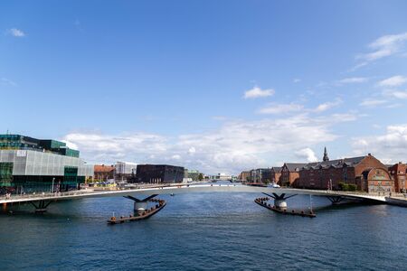 Copenhagen, Denmark - August 21, 2019: The new modern pedestrian and cycling bridge Lille Langebro.のeditorial素材