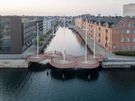 Copenhagen, Denmark - May 27, 2019: Aerial drone view of the modern Circle Bridge, a pedestrian bridge in the harbour area.のeditorial素材