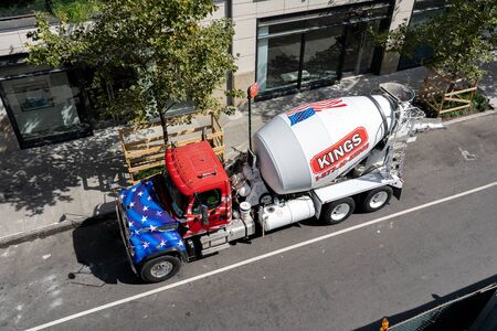 New York, United States - September 21, 2019: A concrete mixer truck in the streets of Manhattan.のeditorial素材