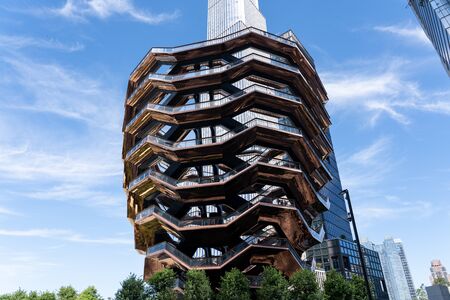 New York, United States - September 21, 2019: Exterior view of The Vessel, a structure which was...