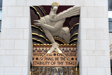 New York, United States of America - September 21, 2019: Wisdom relief over the entrance to the main...