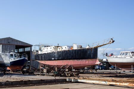 Hundested, Denmark - May 03, 2018: A boat in the dry dock in the small harbor.のeditorial素材