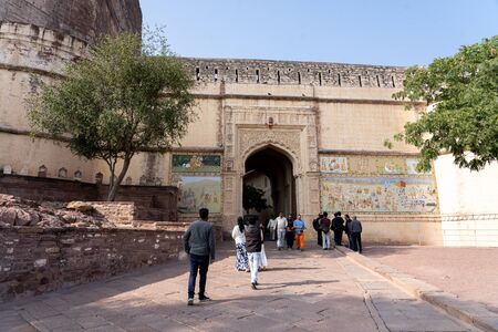 Jodhpur, India - December 9, 2019: People in front of one of the entrance gates to Mehrangarh Fort.のeditorial素材