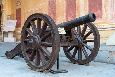 Jaipur, India - December 12, 2019: A big ancient cannon inside Nahargarh Fort.のeditorial素材