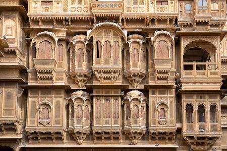 Jaisalmer, India - December 6, 2019: Facade of the beautiful Patwon Ki Haveli in the historic city centre.のeditorial素材