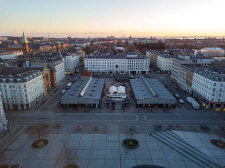 Copenhagen, Denmark - March 31, 2020: Aerial drone view of Torvehallerne, a popular modern market place.のeditorial素材