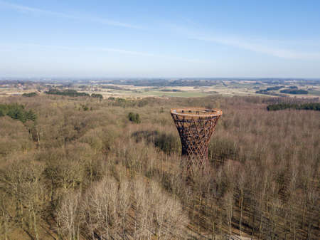 Gisselfeld, Denmark - March 25, 2020: Aerial drone view of the forest tower at Camp Adventureのeditorial素材