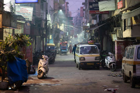 Delhi, India - December 05, 2019: Street at Main Bazaar in Paharganj district at early morning.