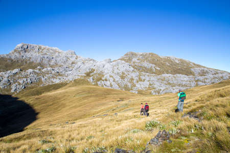 Kahurangi National Park, New Zealand - March 15, 2015: People hiking in Kahurangi National Park with Mount Owen in the background.のeditorial素材