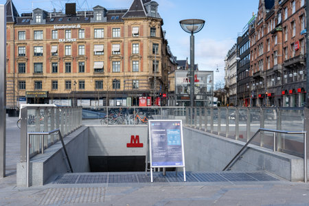 Copenhagen, Denmark - March 20, 2020: Sign at Town Hall metro station informing about the coronavirus.のeditorial素材