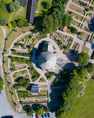 Bornholm, Denmark - August 09, 2020: Aerial drone view of famous Osterlars Church.のeditorial素材