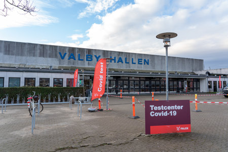 Copenhagen, Denmark - Januar 21, 2021: Entrance to the temporary Covid-19 test facility in Valby...