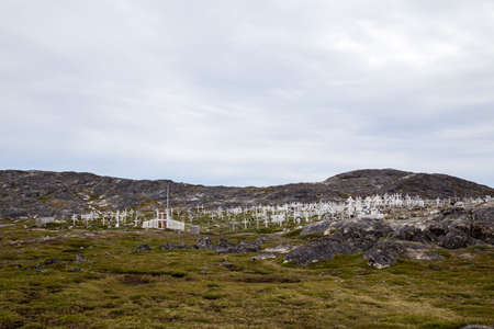 Ilulissat, Greenland - July 11, 2018: The local cemetery with white wooden crossesのeditorial素材
