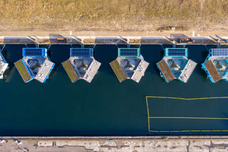 Copenhagen, Denmark - February 25, 2021: Drone view of Urban Rigger, a housing unit floating on water by architect Bjarke Ingels Groupのeditorial素材