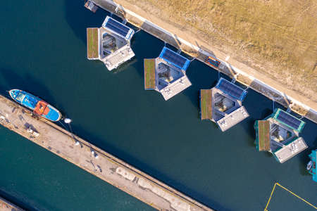 Drone view of Urban Rigger, a housing unit floating on waterの写真素材