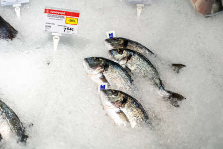 Fish on ice in supermarket on Crete, Greece