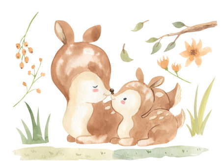 Watercolor mother and baby deer.の写真素材
