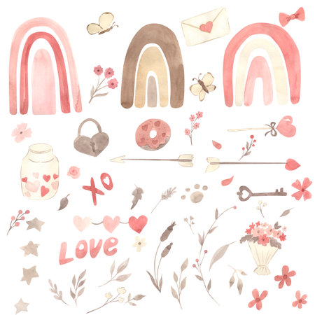 Watercolor Valentine's day illustration. Rainbow, hearts, leaves, flowers, butterflyの写真素材