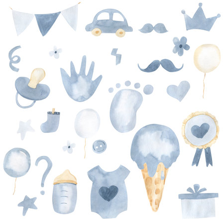 Watercolor gender reveal party elements. illustration for newborn boyの写真素材
