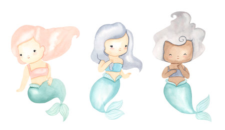 Watercolor mermaids. ocean princess illustration for kidsの写真素材