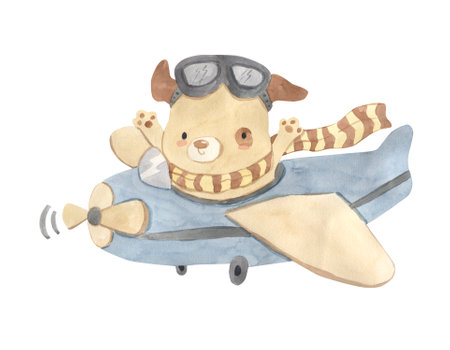 Dog on a plane. Watercolor illustration for kidsの写真素材