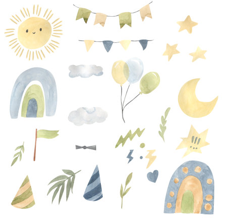 Watercolor rainbows, sun, balloon. Happy birthday elements illustration for kidsの写真素材