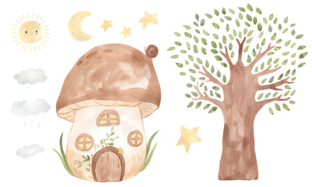 Watercolor mushroom house, tree, sun illustration for kidsの写真素材