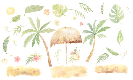 Watercolor beach, sand, palm trees, tropical leaves. summer elements illustration for kidsの写真素材