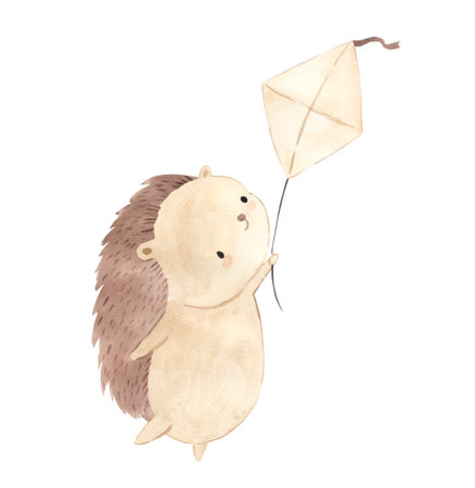 Watercolor hedgehog on a kite. Woodland animal illustration for kidsの写真素材