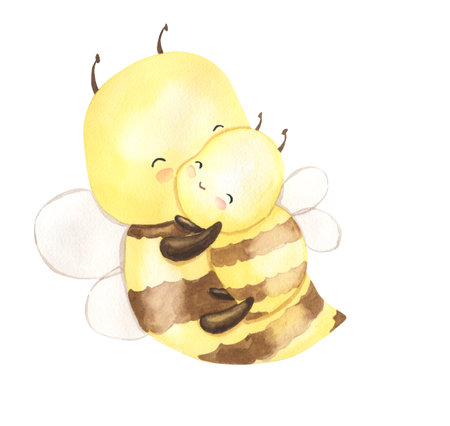 Watercolor honey bee mother and baby illustration for kidsの写真素材