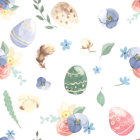 watercolor seamless pattern. Flowers and eggs. Easter illustration for kidsの写真素材