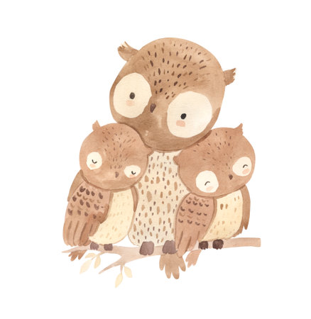 Watercolor mother and baby owl. Woodland animal illustration for kidsの写真素材