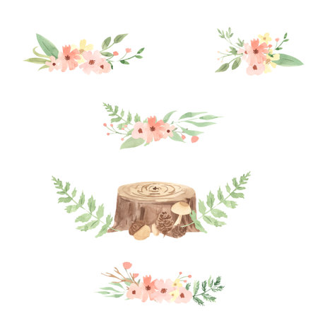 Watercolor flowers, woodland illustration for kidsの写真素材
