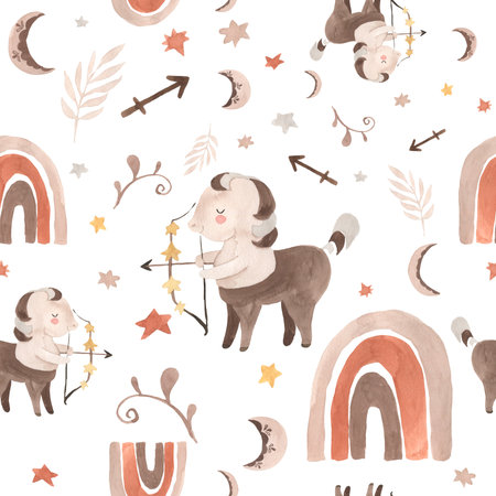 Watercolor sagittarius seamless pattern zodiac signs, horoscope illustration for kidsの写真素材