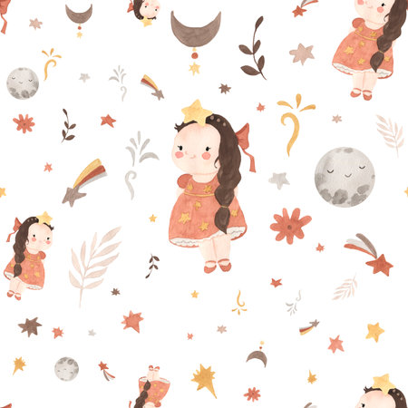 Watercolor girl seamless pattern zodiac signs, horoscope illustration for kidsの写真素材