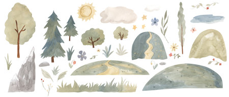 Watercolor landscape elements, mountain, forest, sun, grass. illustration for kidsの写真素材