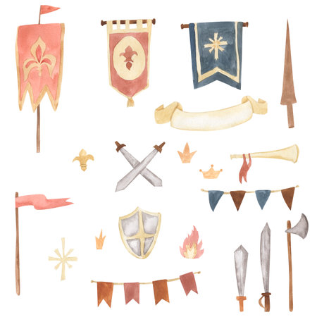Watercolor knight elements. Middle Ages illustration for kidsの写真素材
