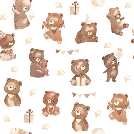 Bear watercolor seamless pattern illustration for kidsの写真素材