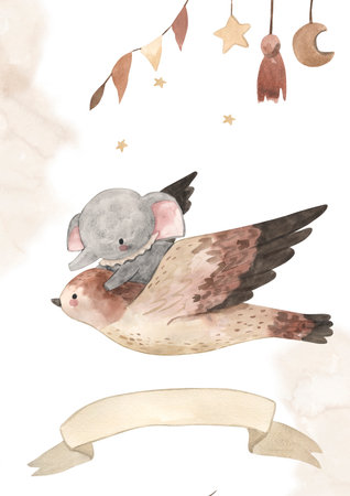 Bird and elephant baby shower, invitation for birthday partyの写真素材