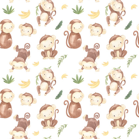 watercolor monkey seamless pattern illustration for kidsの写真素材