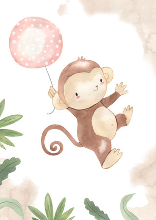 watercolor monkey on balloon, template for nursery, baby shower, invitation for birthday partyの写真素材
